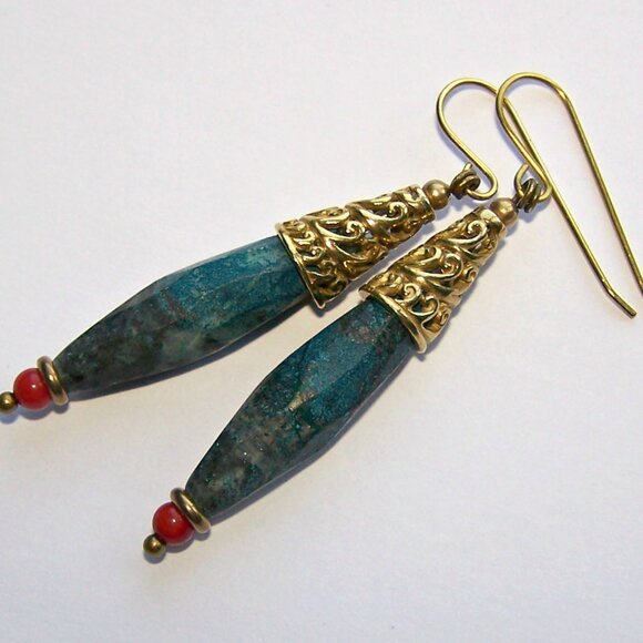 Large natural AZURITE earrings Long Gold Brass Faceted gemstone - Picture 3 of 7